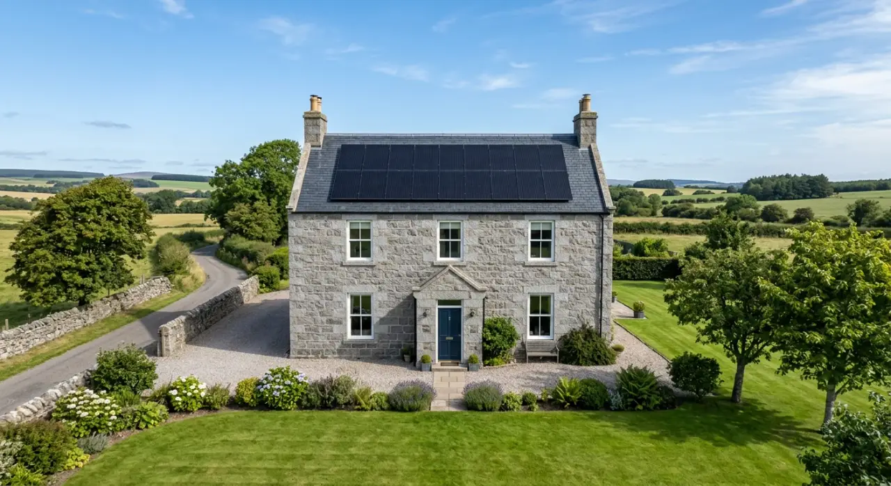 Granite farmhouse in Aberdeenshire with a full row of black solar panels