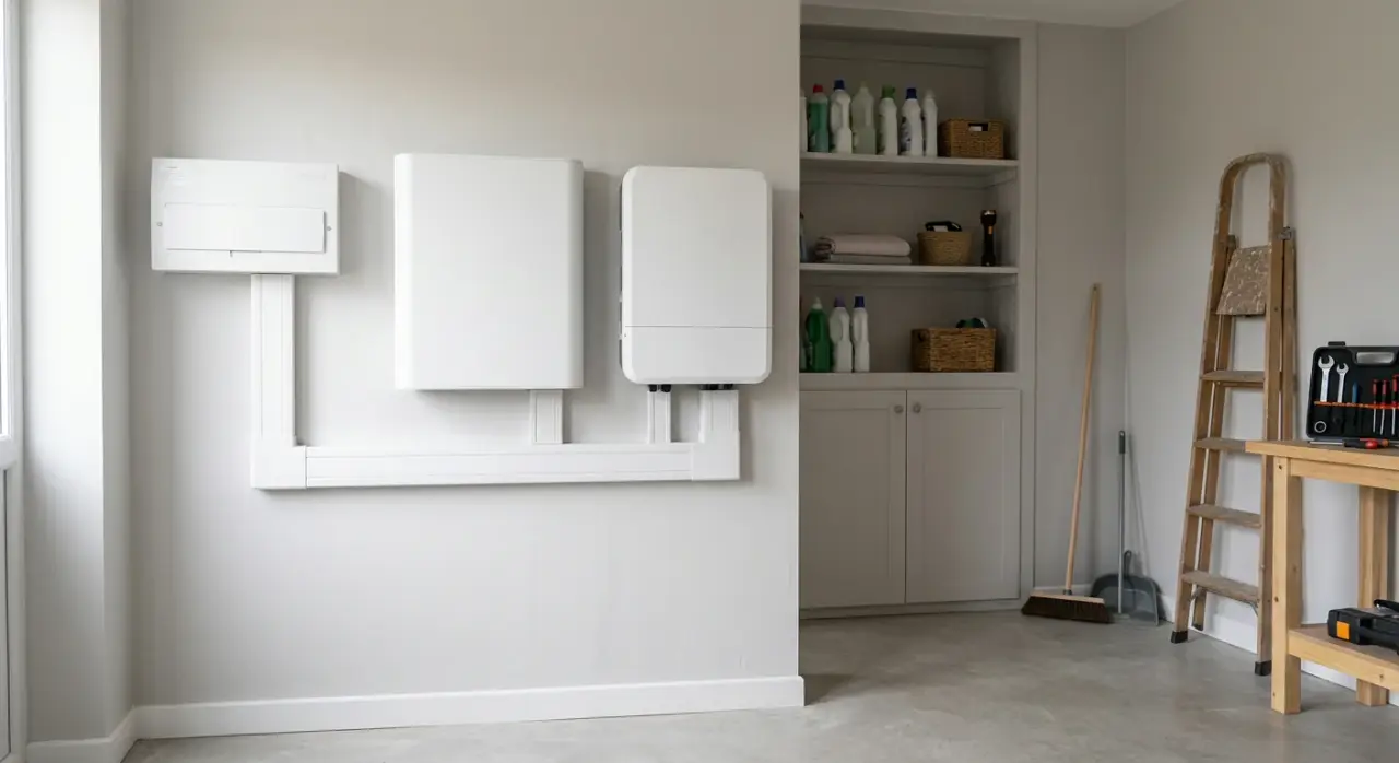 Wall-mounted home battery and inverter in a Scottish utility room (illustrative)