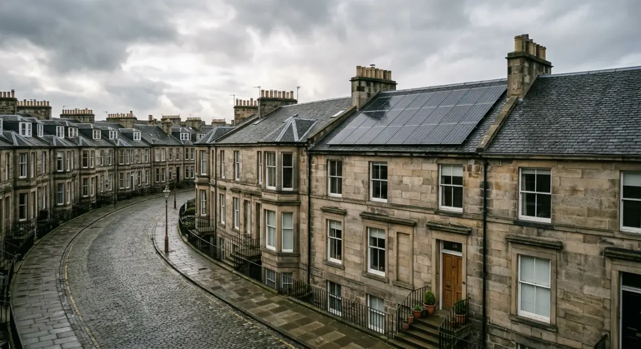 Solar panels on the slate roof of a sandstone tenement terrace in Edinburgh (illustrative)