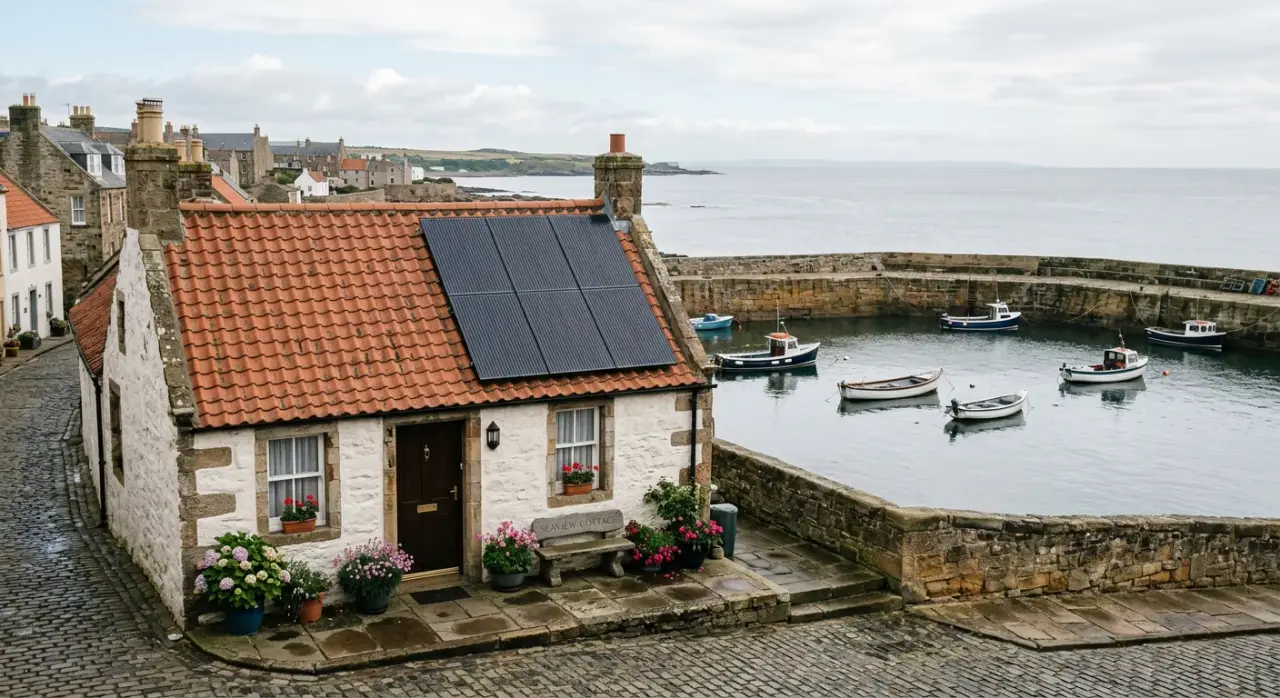 Black solar panels on the red pantile roof of a coastal cottage beside a stone harbour in Fife