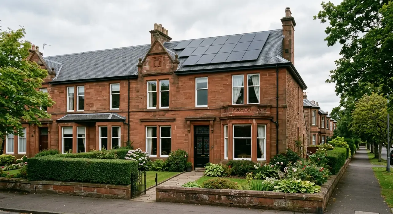 Solar panels on a red sandstone semi-detached house in Glasgow (illustrative)