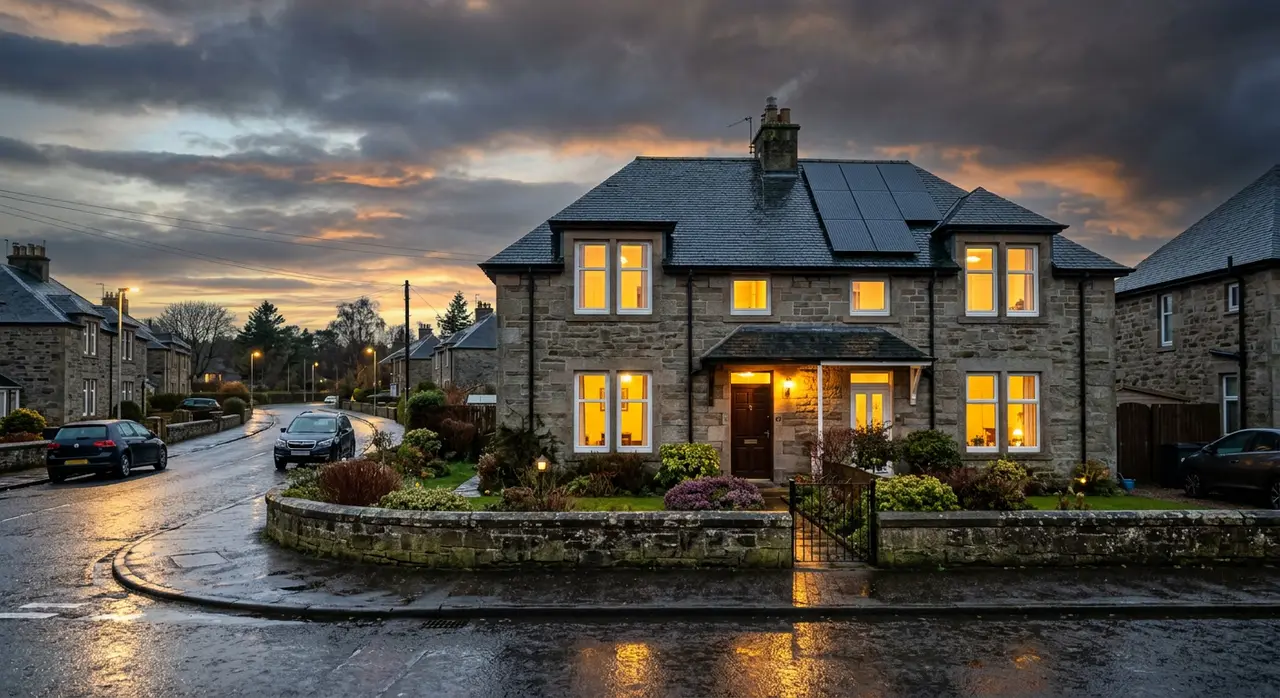 Scottish home with solar panels and battery storage at dusk, warm interior lights glowing