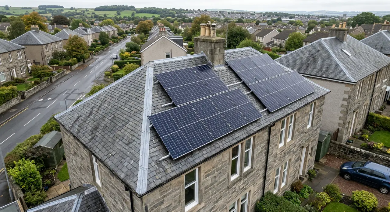 Solar panels on the roof of a stone-built Scottish home