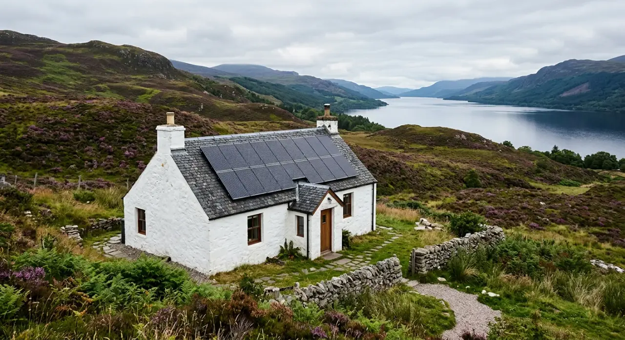 Highland cottage with solar panels above a loch and heather-covered hills