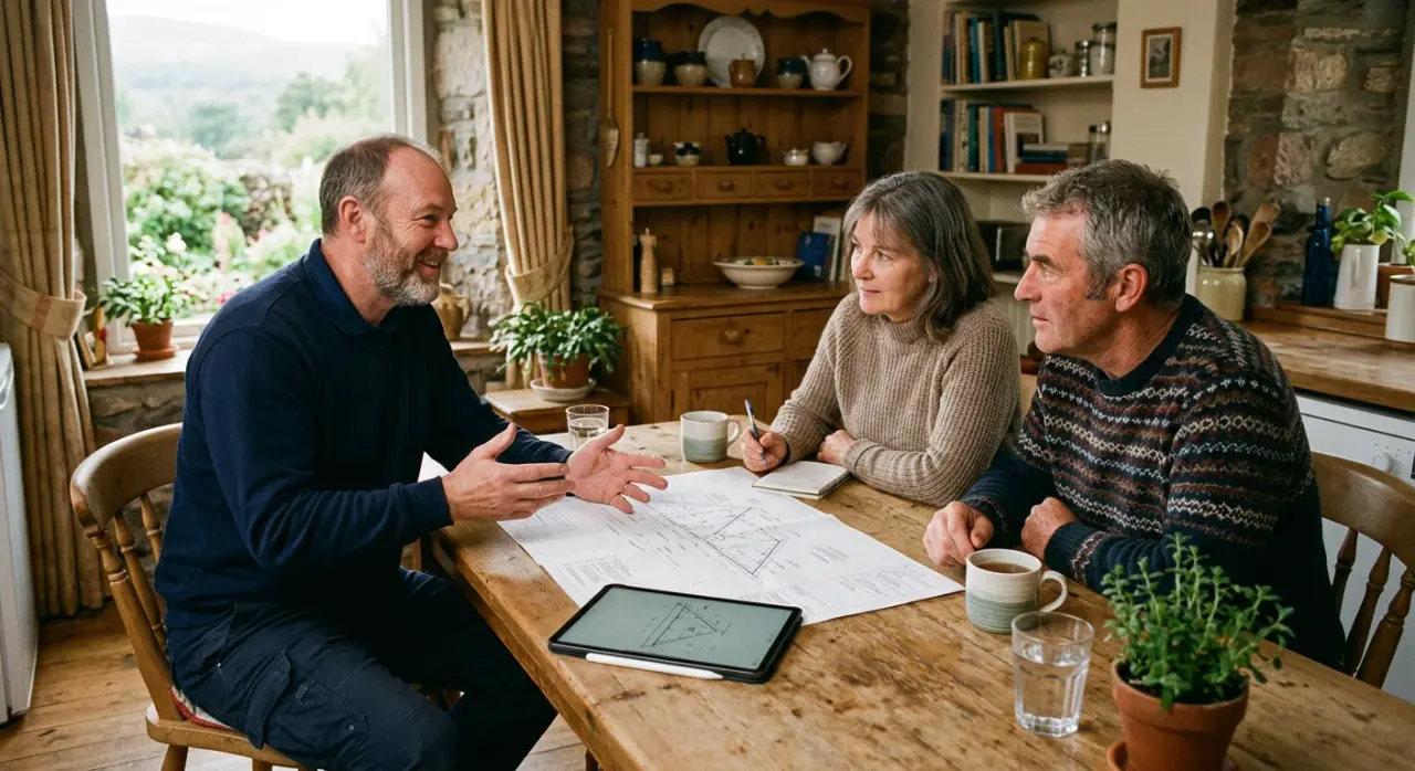 Homeowner discussing a solar and battery survey at a kitchen table in Scotland