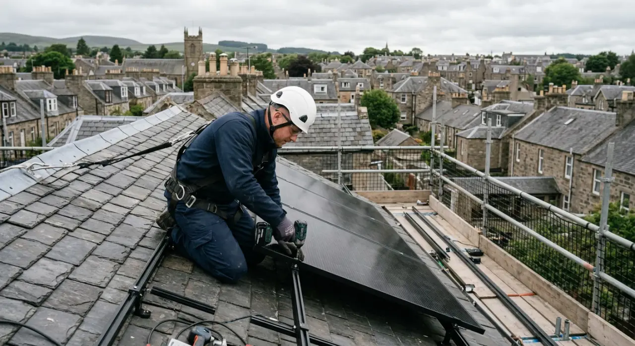 Installer in a safety helmet fitting a black solar panel to a slate roof above Scottish stone houses