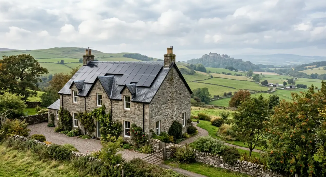 Stone villa with solar panels in green countryside near Stirling