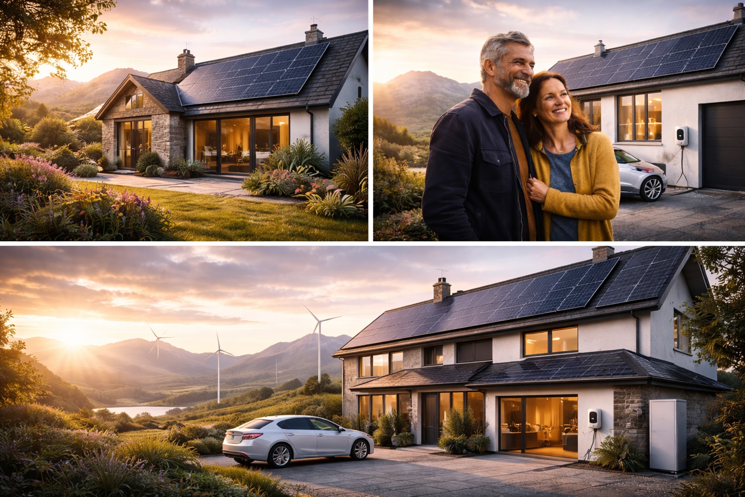 Beautiful Scottish homes with complete renewable energy systems featuring solar panels, EV chargers, and energy storage in Highland setting