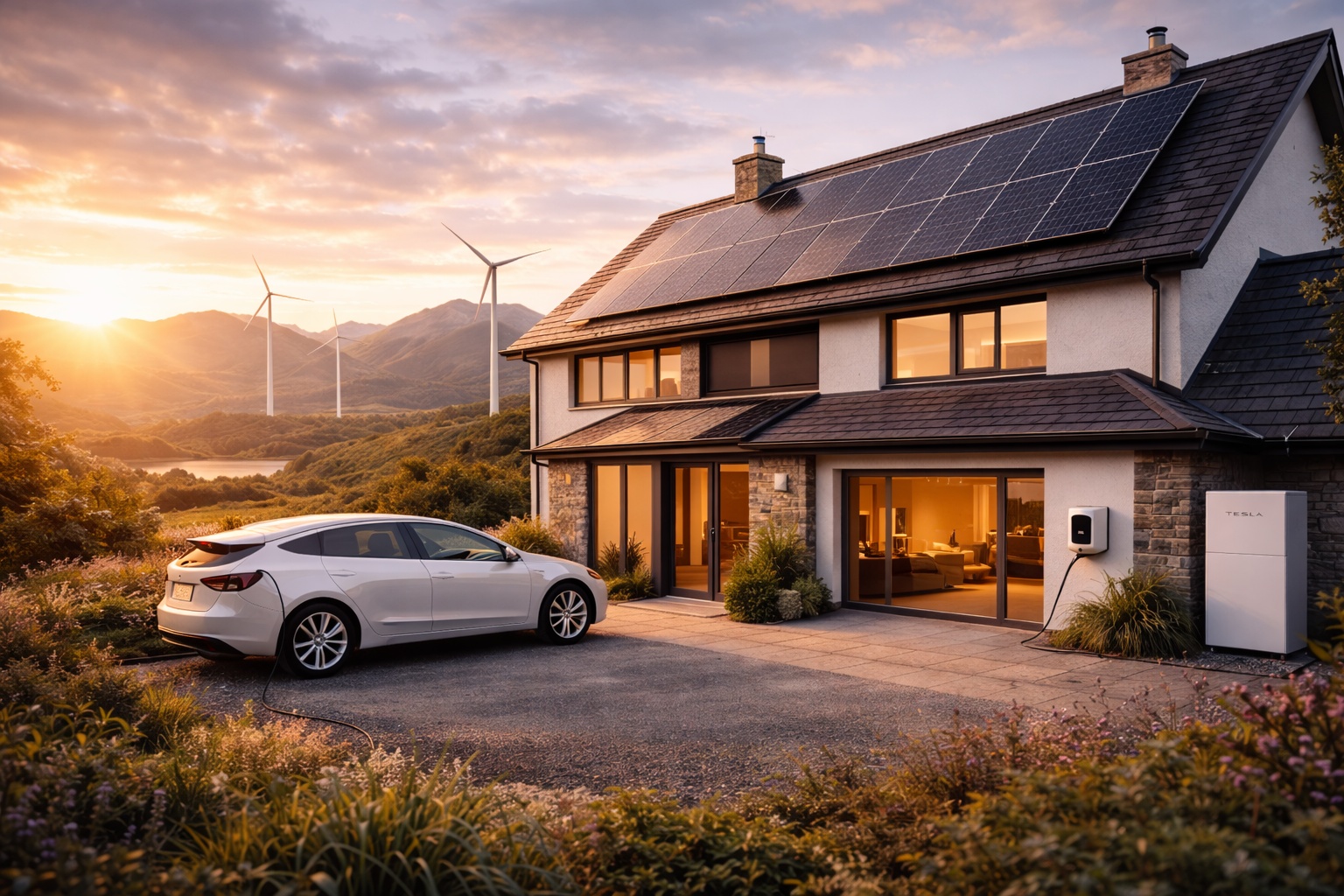 Modern Scottish home with rooftop solar panels at golden hour sunset in scenic Highland mountains with renewable energy EV charging station