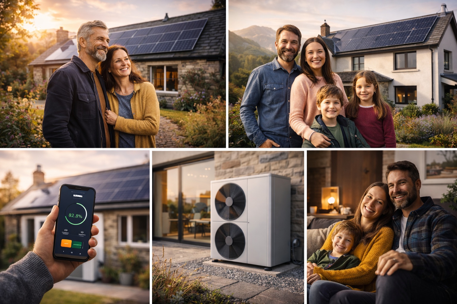 Happy Scottish families with children enjoying energy savings from solar panel systems installed on traditional stone cottages