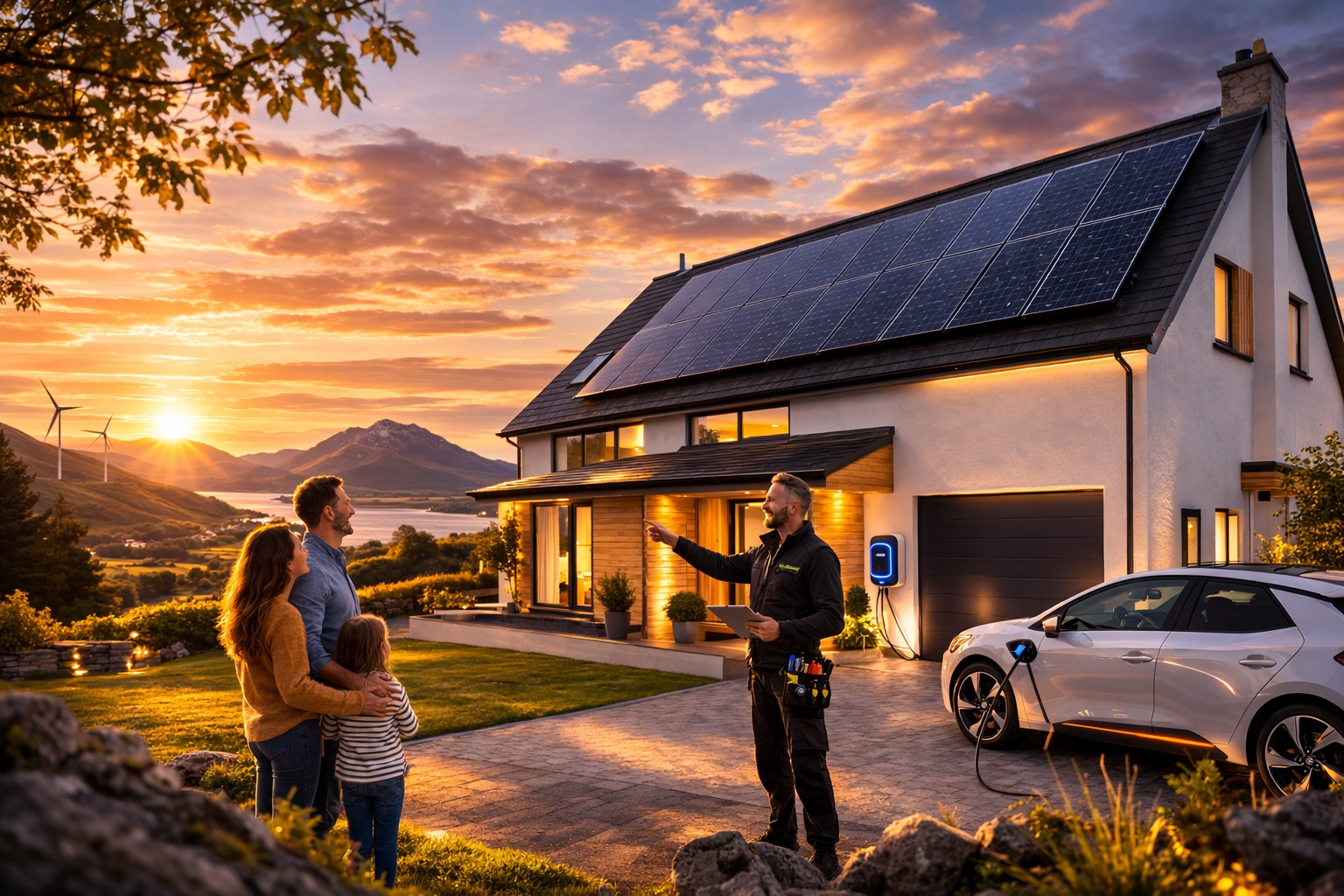 Certified solar panel installer consulting Scottish homeowners about renewable energy installation with scenic mountain backdrop